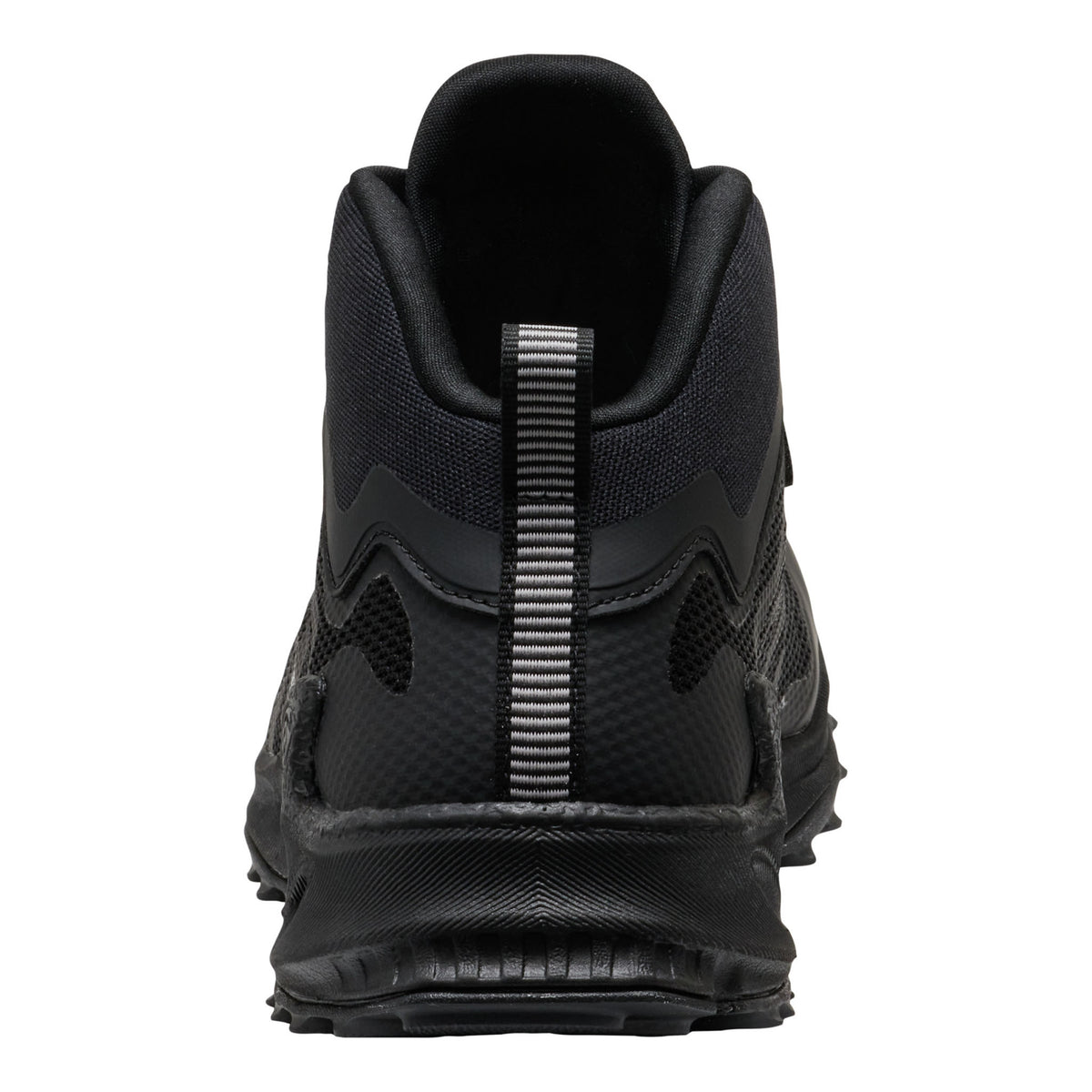 A black mid-top athletic shoe shown from a rear three-quarter view against a plain white background.