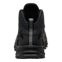 A black mid-top athletic shoe shown from a rear three-quarter view against a plain white background.
