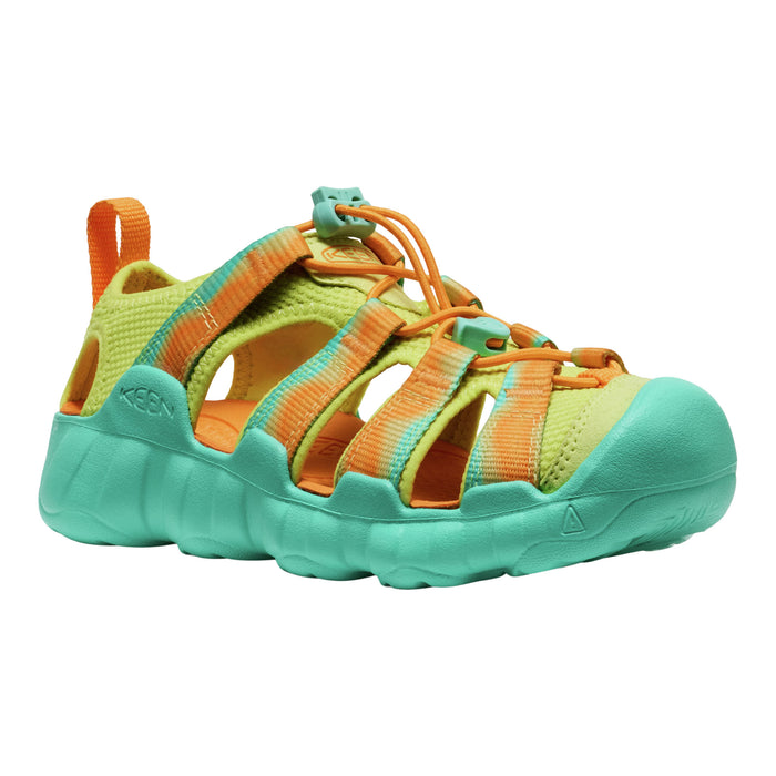 Green and orange sandals with KEEN logo on a white background