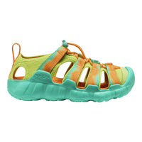 Green and orange sandal with 'Keen' branding on a white background