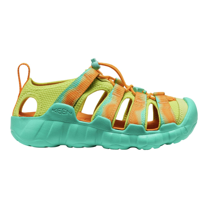 Green and orange sandal with 'Keen' branding on a white background
