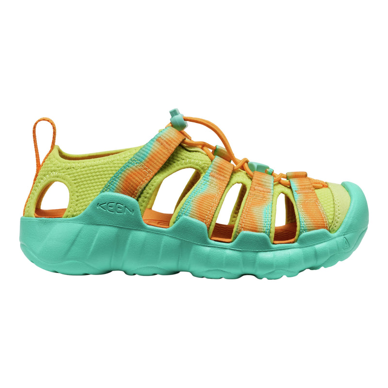 Green and orange sandal with 'Keen' branding on a white background