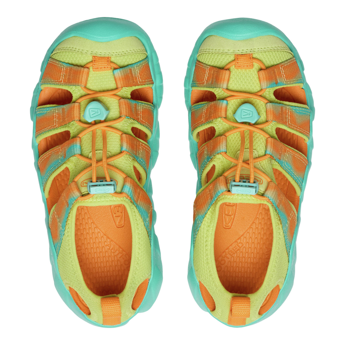 Pair of colorful sandals with orange, green, and blue design on a white background
