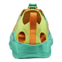 Colorful children's shoe with green, orange, and blue design on a white background