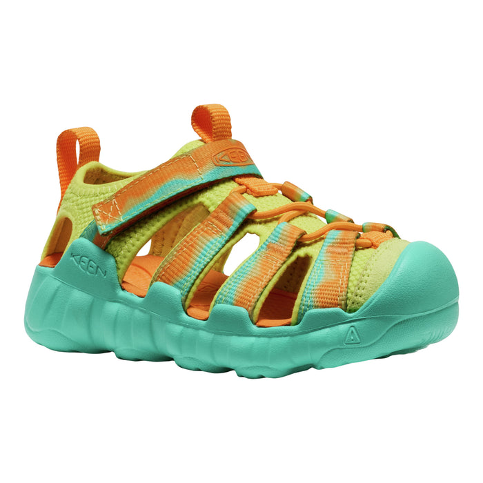 Green and orange sandal with Keen logo on a white background