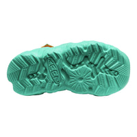 Close-up of a teal shoe sole with brand logo on a white background