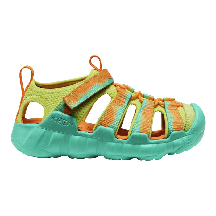 Green and orange sandal with KEEN branding on a white background