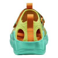 Back view of a colorful sandal with orange straps on a white background