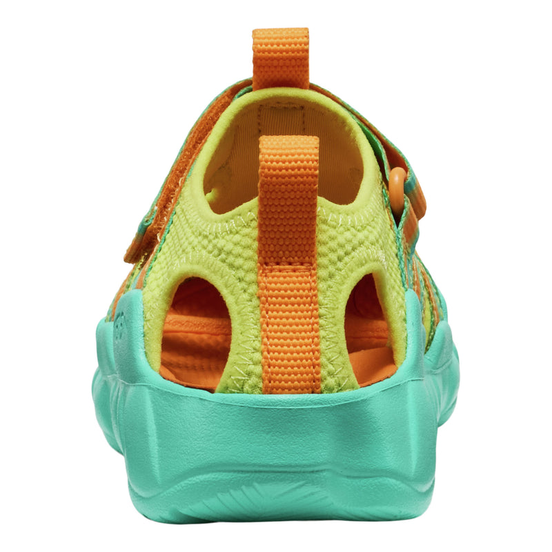 Back view of a colorful sandal with orange straps on a white background