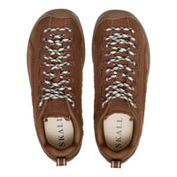 A pair of brown suede low-top sneakers shown from a top-down view, featuring braided white and black laces and the SKALL brand name printed on the cream-colored insoles.