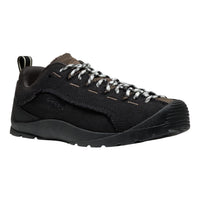 A black Keen hiking shoe with brown suede overlays, black laces, and a black sole, shown from a side profile on a white background.