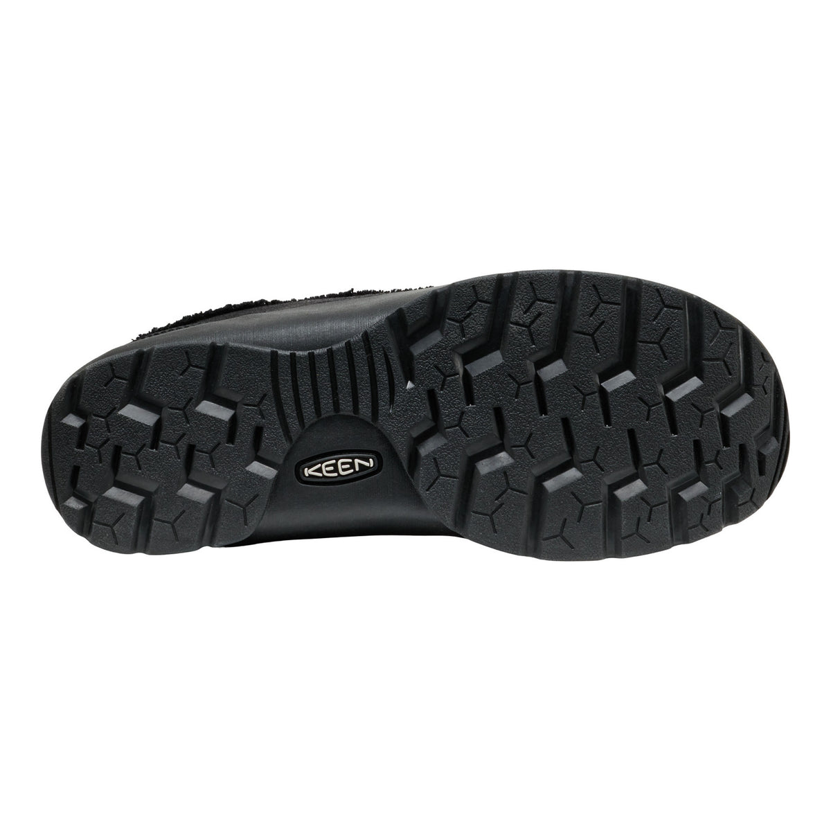 Black shoe sole with tread pattern on a white background