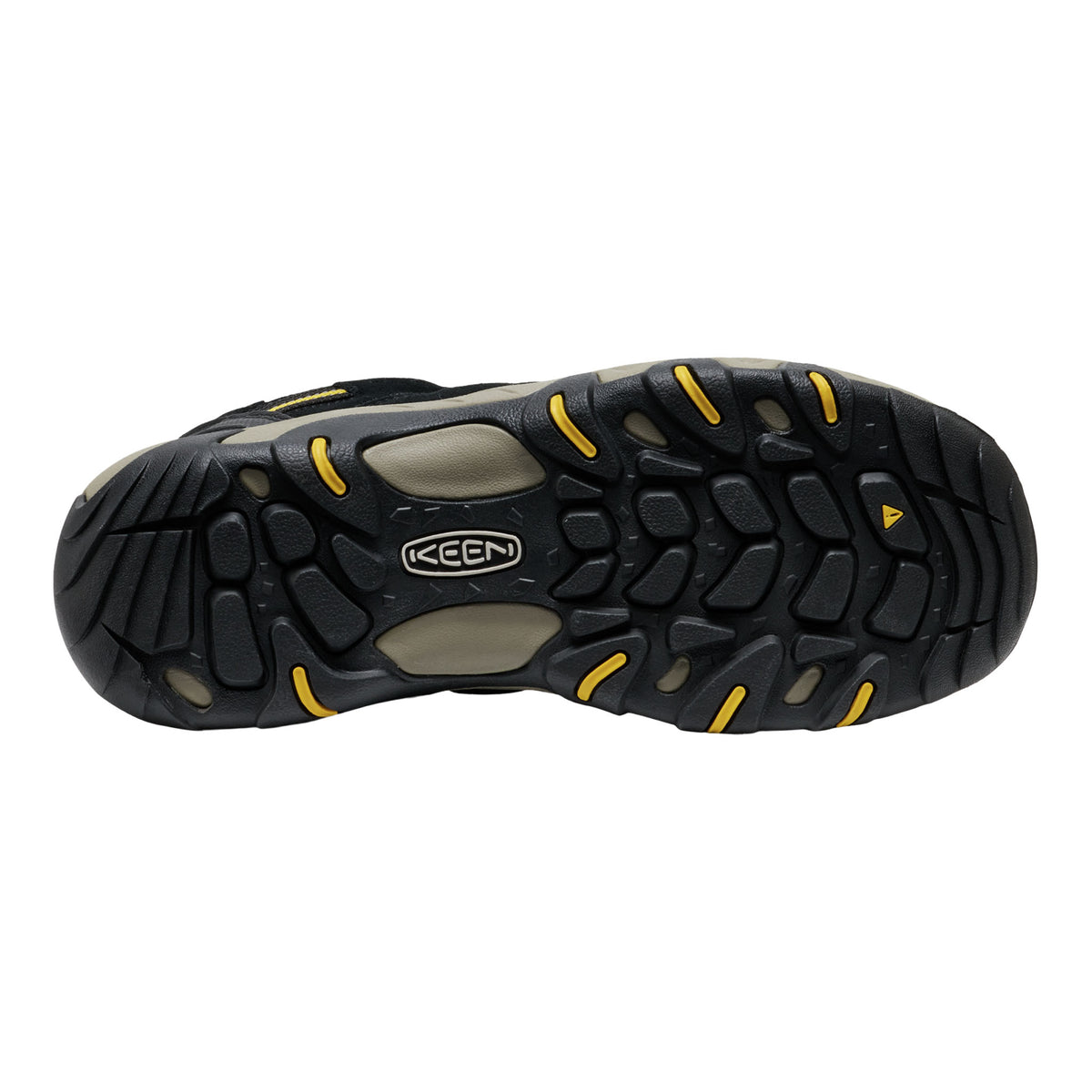 Black and yellow Keen shoe sole on a white background