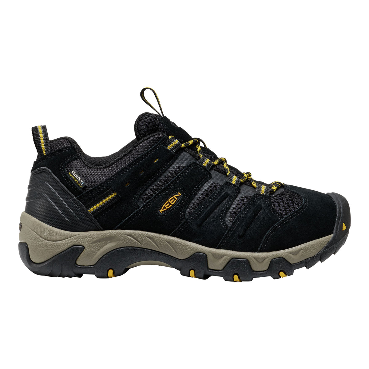 Black and beige hiking shoe with brand logo on a white background