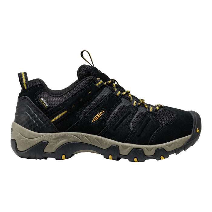 Black and beige hiking shoe with brand logo on a white background