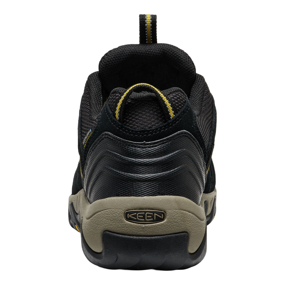 Black and brown hiking shoe with 'Keen' logo on a white background