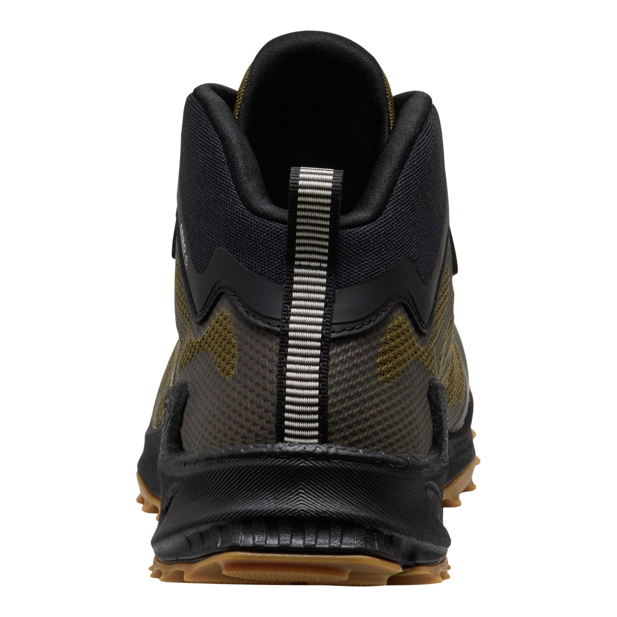 Black and brown sneaker with a prominent zipper on a white background