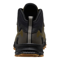 Black and brown sneaker with a prominent zipper on a white background