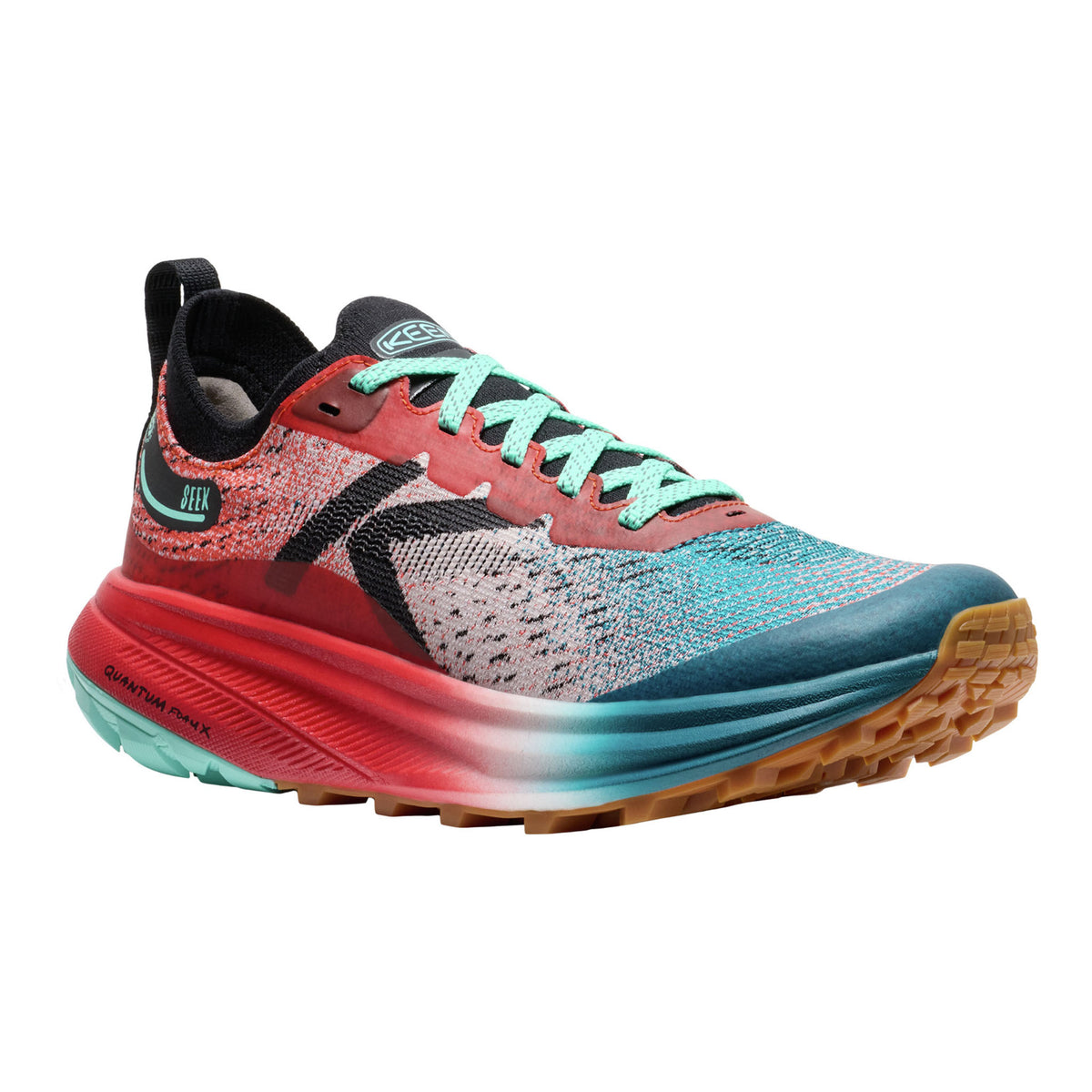 Multicolored running shoe with a white background