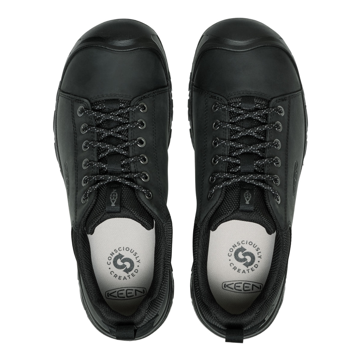 Black sneakers with laces on a white background, featuring the Keen logo.