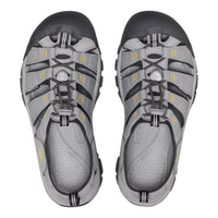 Pair of gray hiking shoes with black and yellow accents on a white background