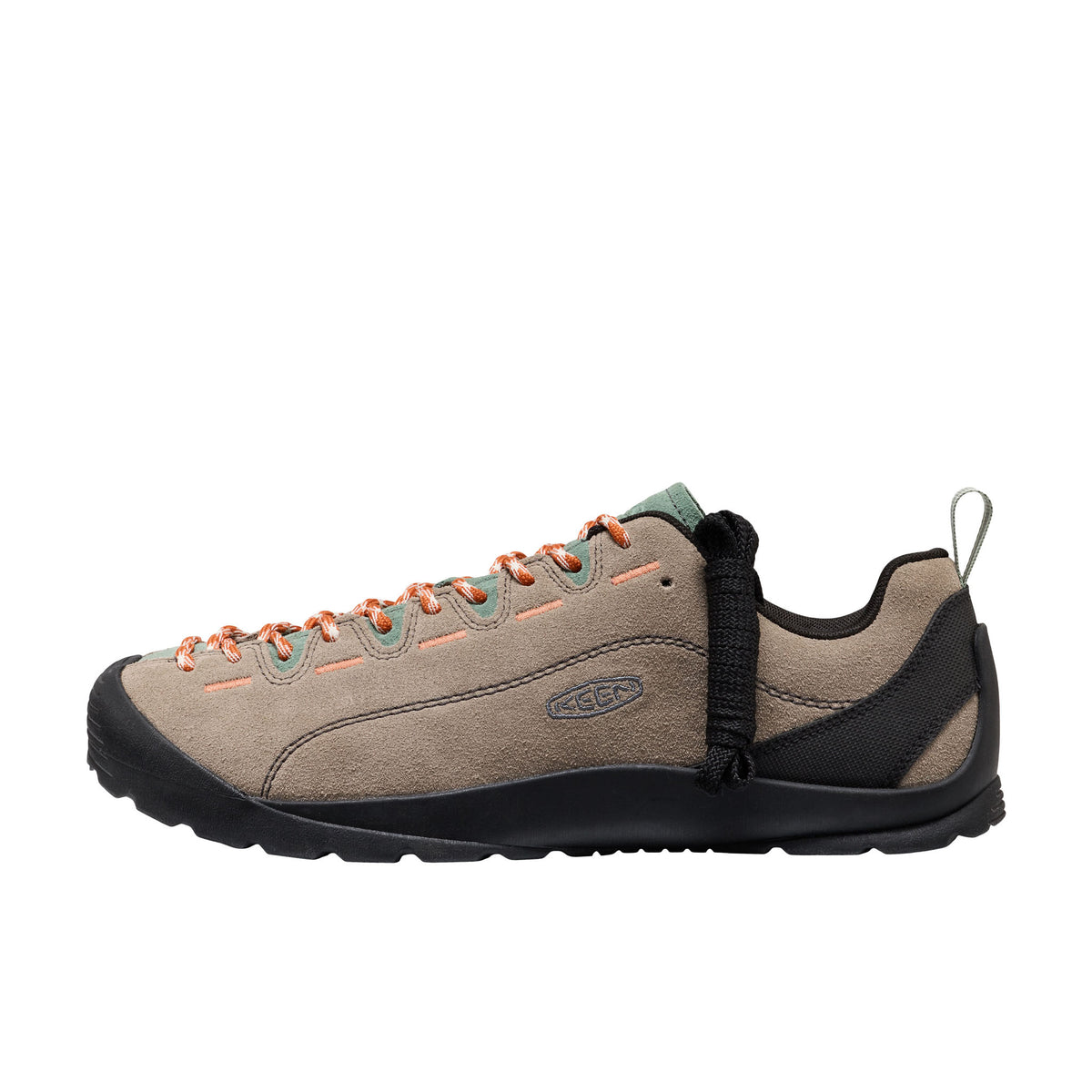 Brown hiking shoe with orange accents on a white background