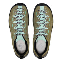 Pair of green high-top sneakers with light blue laces on a white background