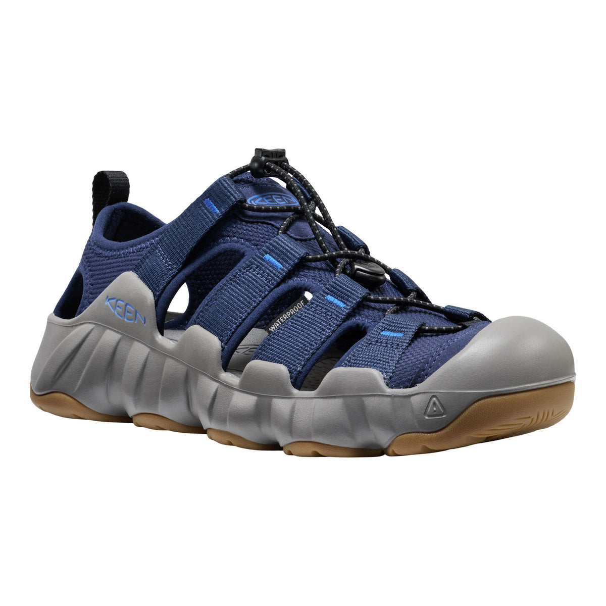Blue and gray hiking shoes with KEEN logo on a white background