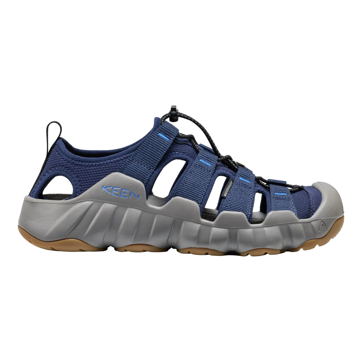 Blue and gray sandal with 'KEEN' branding on a white background
