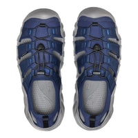Blue and gray hiking sandals on a white background