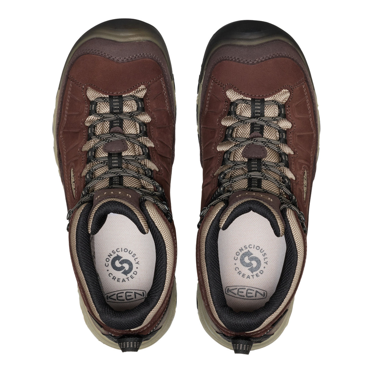 A pair of brown Keen hiking boots shown from a top-down view on a plain white background.