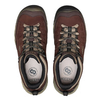 A pair of brown Keen hiking boots shown from a top-down view on a plain white background.