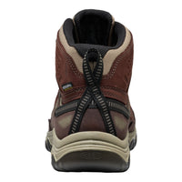 A brown and beige mid-cut hiking boot shown from the back, featuring black laces, a black collar, and a beige midsole on a white background.