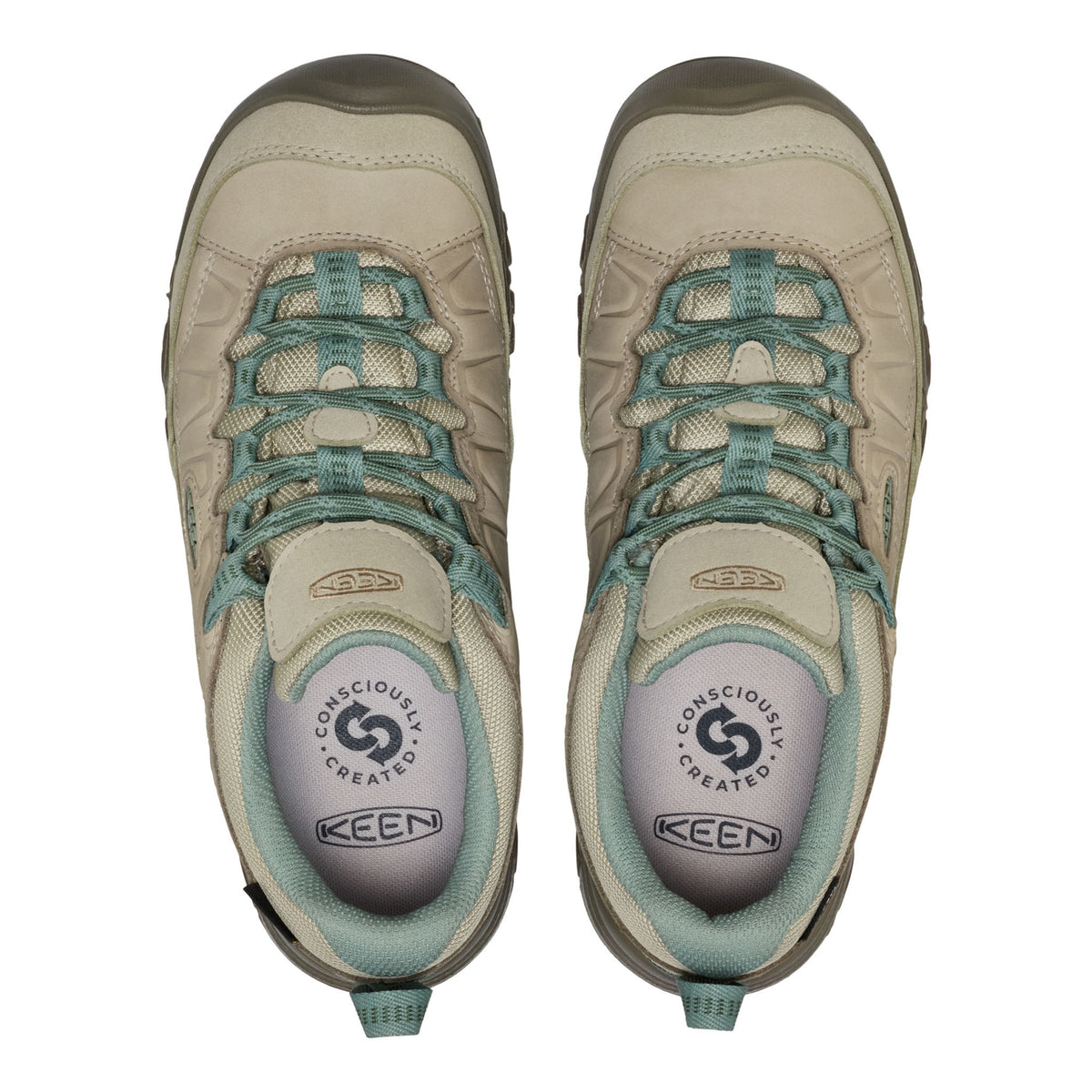 Pair of beige and teal KEEN hiking shoes on a white background