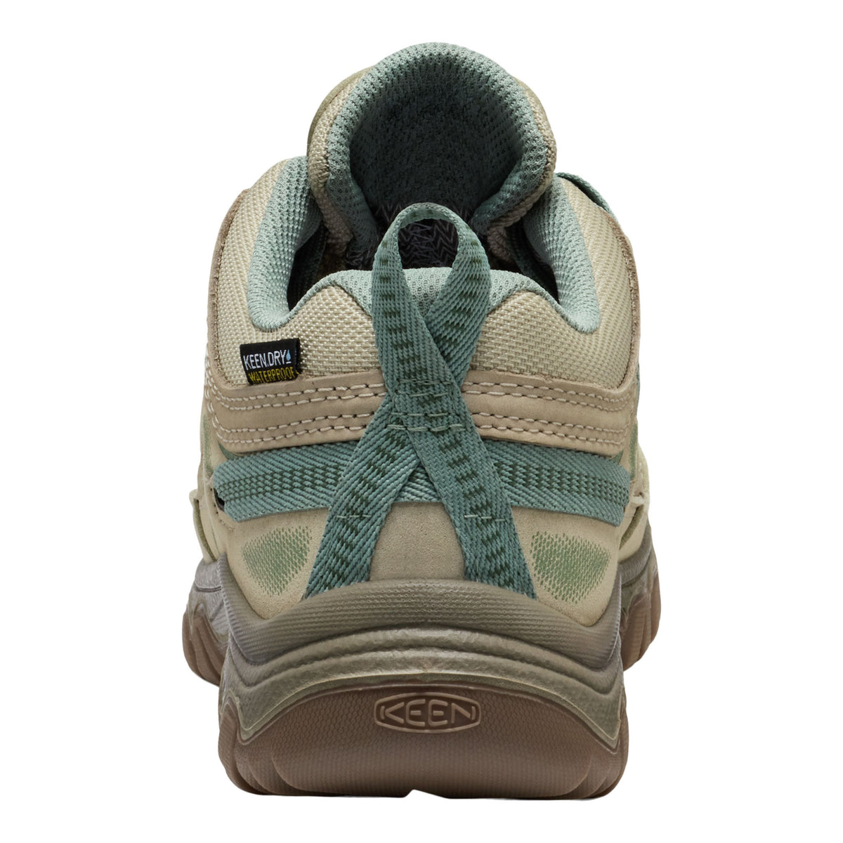 Tan and teal shoe with Keen logo on a white background