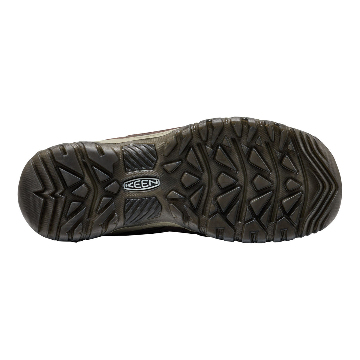 Dark brown shoe sole with brand logo on a white background