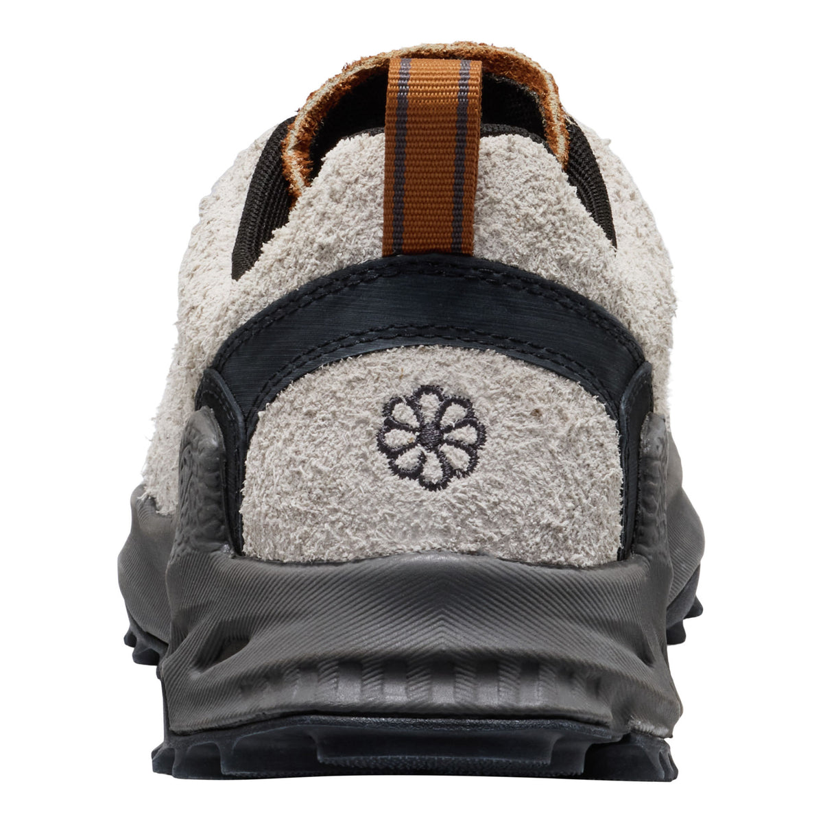 Back view of a gray and black shoe with a brand logo on a white background