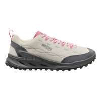 Gray and pink sneaker with KEEN logo on a white background