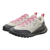 Pair of white and pink sneakers with gray soles on a white background