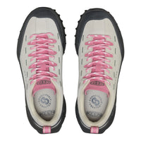 Pair of Keen shoes with pink laces on a white background