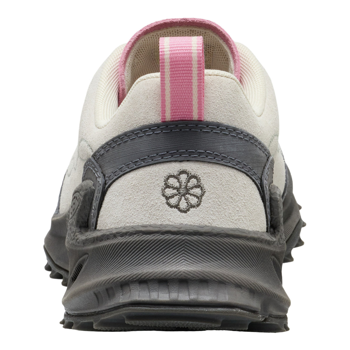 Back view of a children's shoe with pink strap and brand logo on a white background
