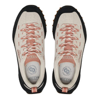 Pair of KEEN hiking shoes with pink laces on a white background