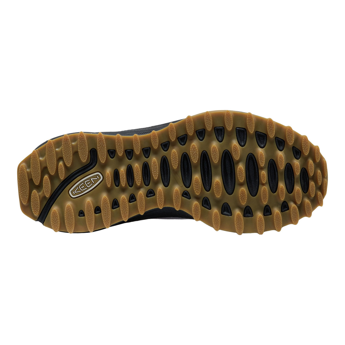 Close-up of a shoe sole with a brand logo on a white background