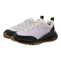 Pair of light purple sneakers with black and brown soles on a white background