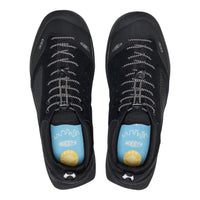 Black sneakers with blue insoles on a white background