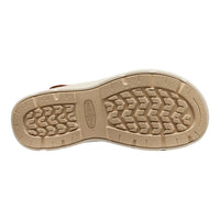 Close-up of a tan shoe sole with tread pattern on a white background