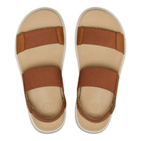 Pair of beige sandals with brown straps on a white background