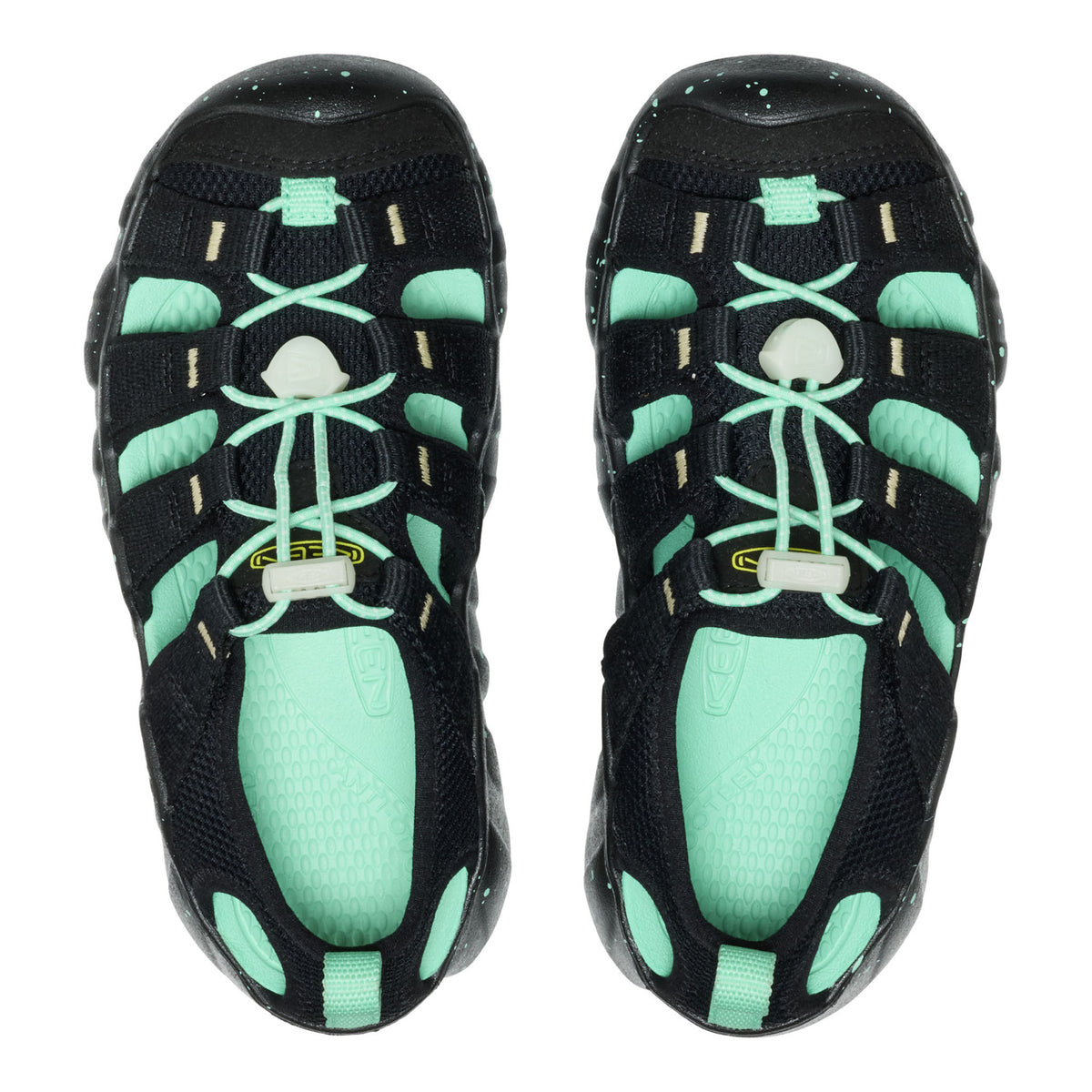 Pair of black and teal shoes on a white background