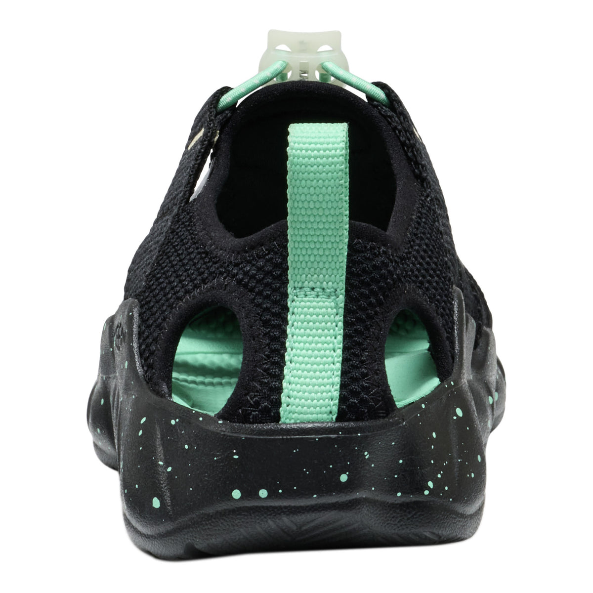 Black and green sandal with a strap on a white background