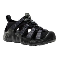 A black kids Keen sandal with textured straps and a thick, rugged sole, shown from a three-quarters angle on a white background.